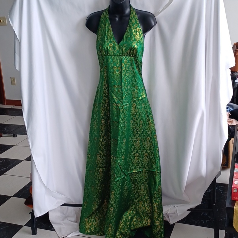 Vintage 70’s Handmade Halter Dress Silky Green With Metallic Gold, Empire, 55" L
